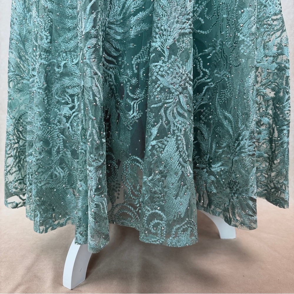 Mac Duggal Teal Beaded Lace Midi Dress Size 6 V-Neck Formal Wedding Guest - Picture 8 of 14